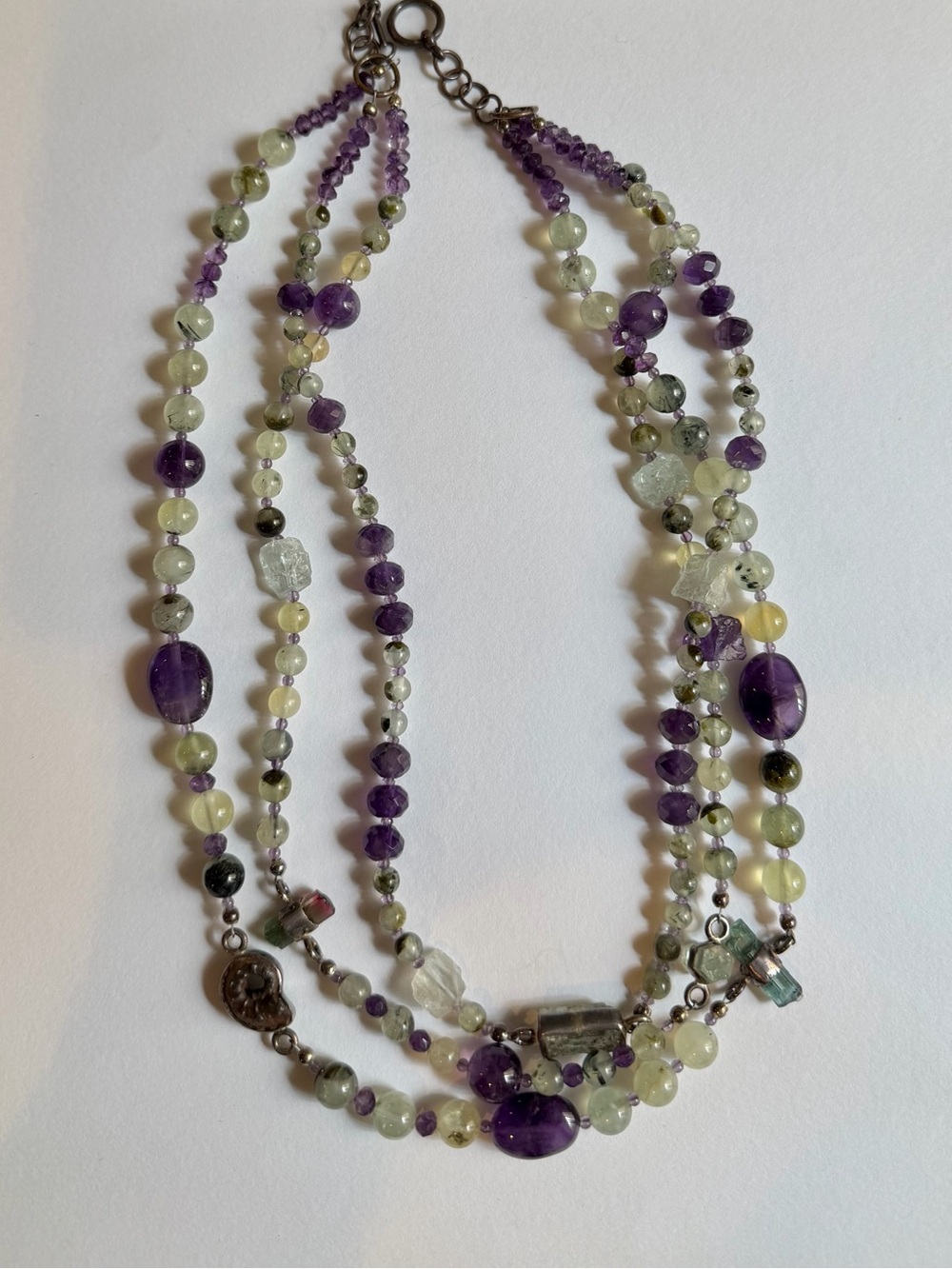 Multi-Strand Purple amethyst and Pale Green pearls Gemstone Beaded Necklace